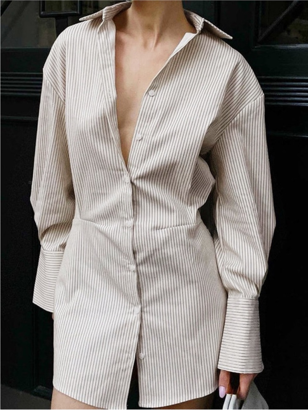 Commense White Button-Up Shirt with Thin Black Stripes Medium